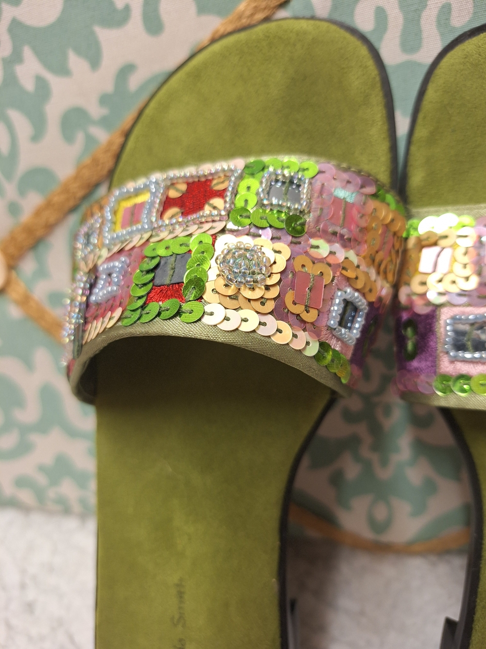 Suede Sequins Artsy Green Slide Sandals Sz 7